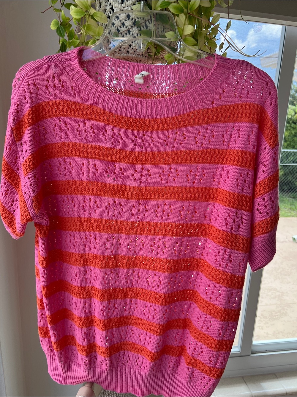 Striped Pink & Orange Eyelet Knit Top. Size M